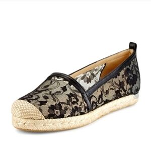 Stuart Weitzman Meshuga Espadrille Loafers Black Lace Floral Mesh Leather Trim